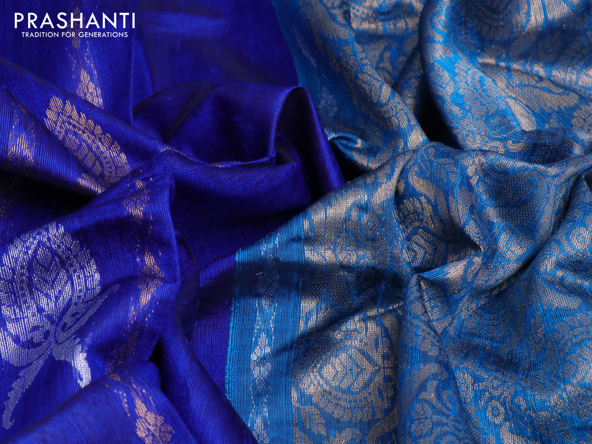 Pure dupion silk saree royal blue and cs blue with zari weaves & buttas and rettapet zari woven border