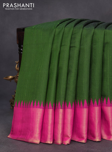 Pure dupion silk saree sap green and pink with plain body and temple design zari woven border