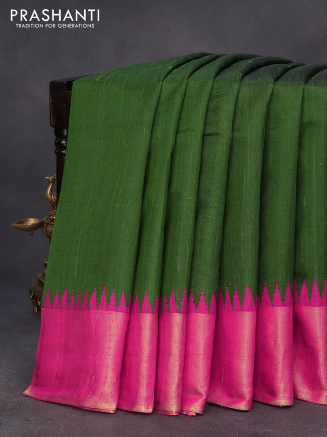 Pure dupion silk saree sap green and pink with plain body and temple design zari woven border