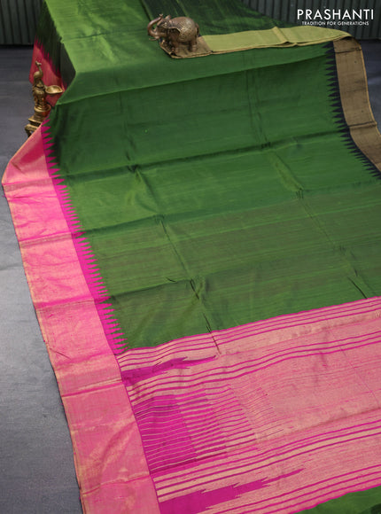 Pure dupion silk saree sap green and pink with plain body and temple design zari woven border