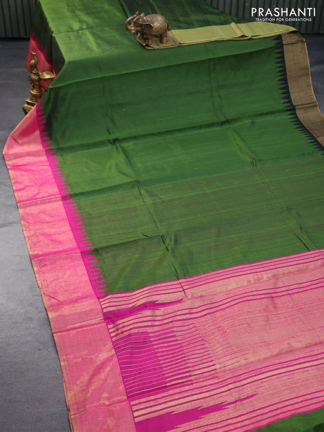 Pure dupion silk saree sap green and pink with plain body and temple design zari woven border