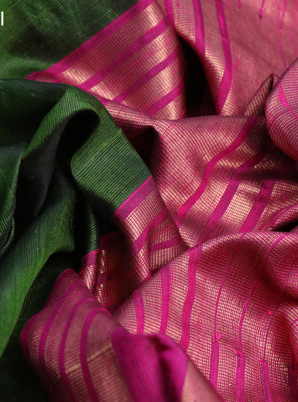 Pure dupion silk saree sap green and pink with plain body and temple design zari woven border