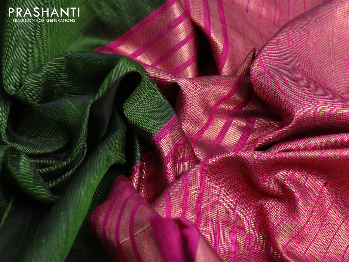 Pure dupion silk saree sap green and pink with plain body and temple design zari woven border