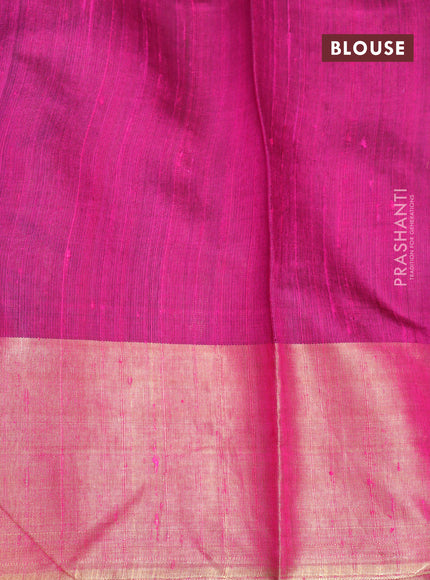 Pure dupion silk saree sap green and pink with plain body and temple design zari woven border