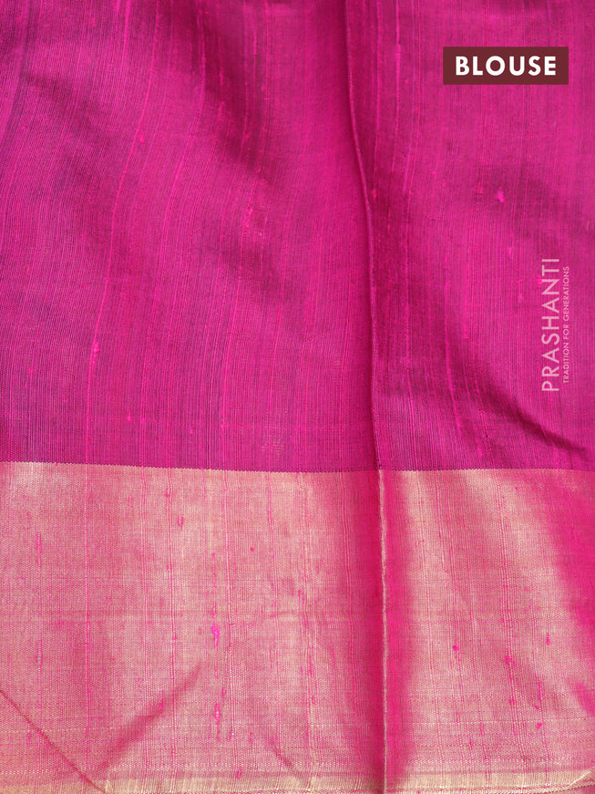 Pure dupion silk saree sap green and pink with plain body and temple design zari woven border