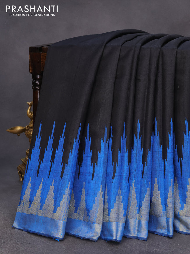 Pure dupion silk saree black and cs blue with plain body and temple design zari woven border