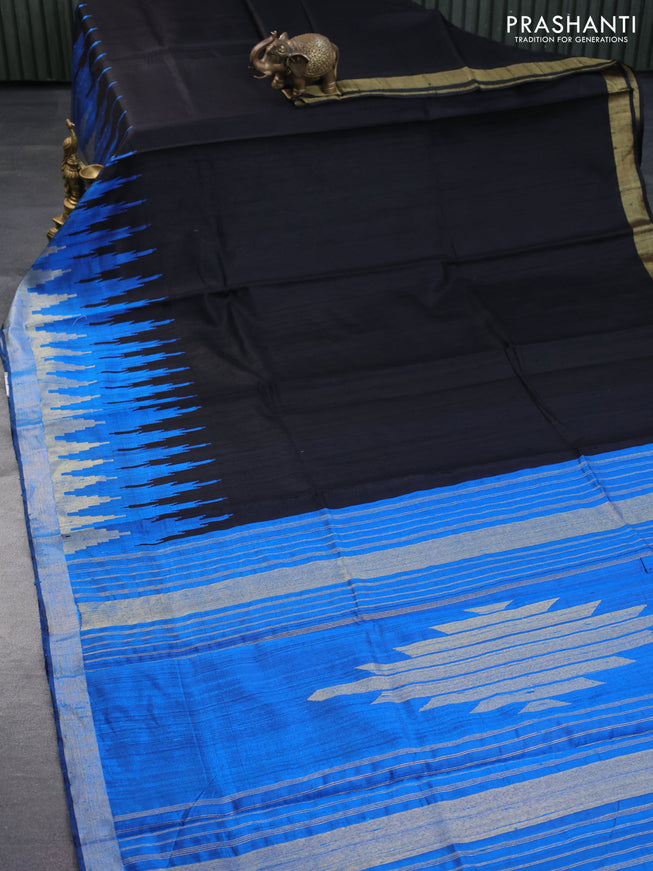 Pure dupion silk saree black and cs blue with plain body and temple design zari woven border