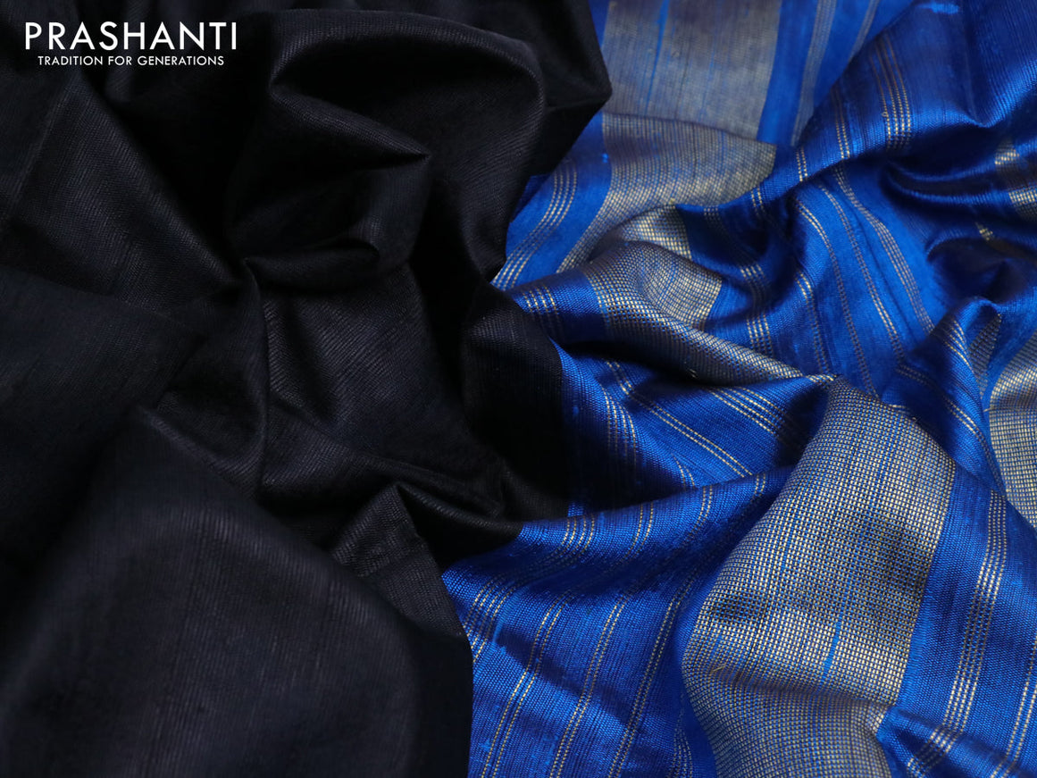 Pure dupion silk saree black and cs blue with plain body and temple design zari woven border