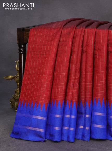 Pure dupion silk saree maroon and royal blue with allover stripes pattern and temple design zari woven border