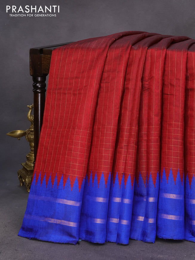 Pure dupion silk saree maroon and royal blue with allover stripes pattern and temple design zari woven border