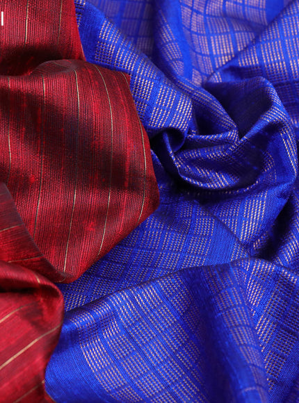 Pure dupion silk saree maroon and royal blue with allover stripes pattern and temple design zari woven border