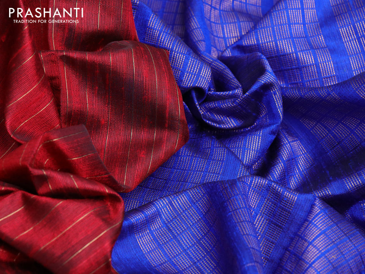 Pure dupion silk saree maroon and royal blue with allover stripes pattern and temple design zari woven border