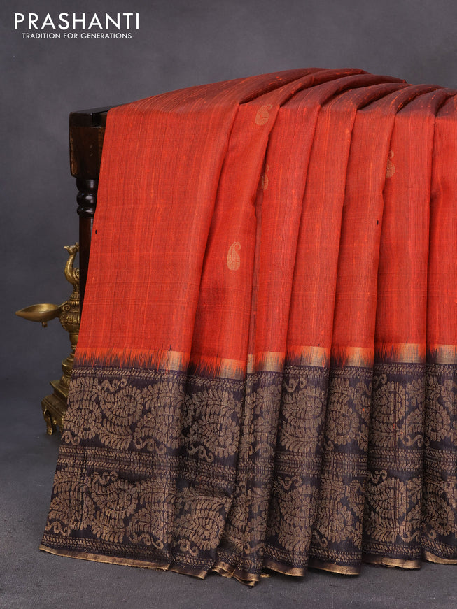 Pure dupion silk saree rustic orange and black with paisley zari woven buttas and long zari woven border