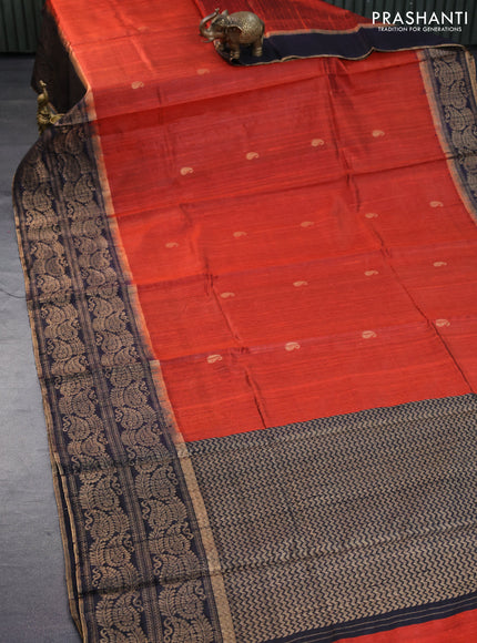 Pure dupion silk saree rustic orange and black with paisley zari woven buttas and long zari woven border