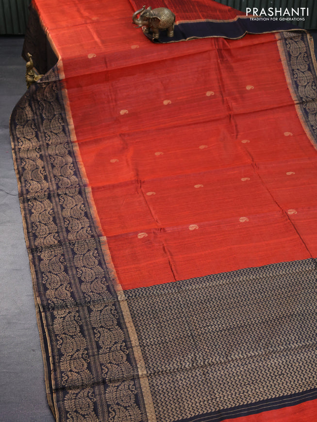 Pure dupion silk saree rustic orange and black with paisley zari woven buttas and long zari woven border