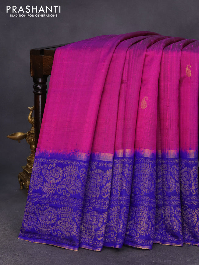 Pure dupion silk saree pink and blue with paisley zari woven buttas and long zari woven border