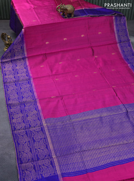 Pure dupion silk saree pink and blue with paisley zari woven buttas and long zari woven border