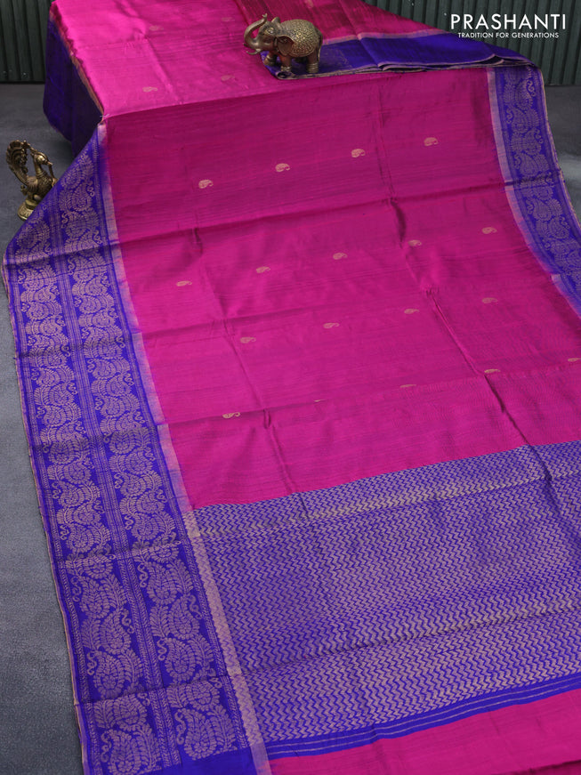 Pure dupion silk saree pink and blue with paisley zari woven buttas and long zari woven border