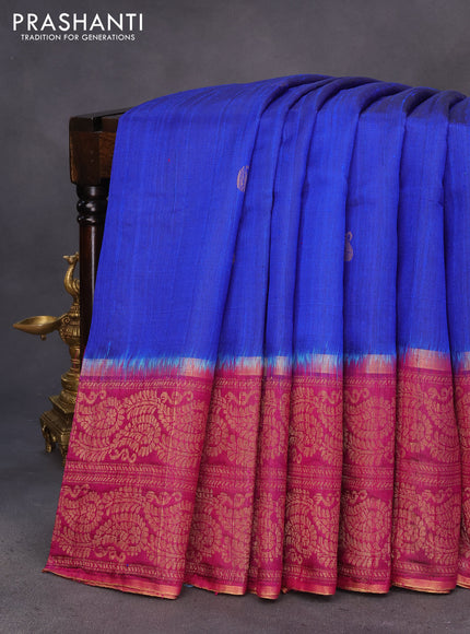 Pure dupion silk saree royal blue and magenta pink with paisley zari woven buttas and long zari woven border