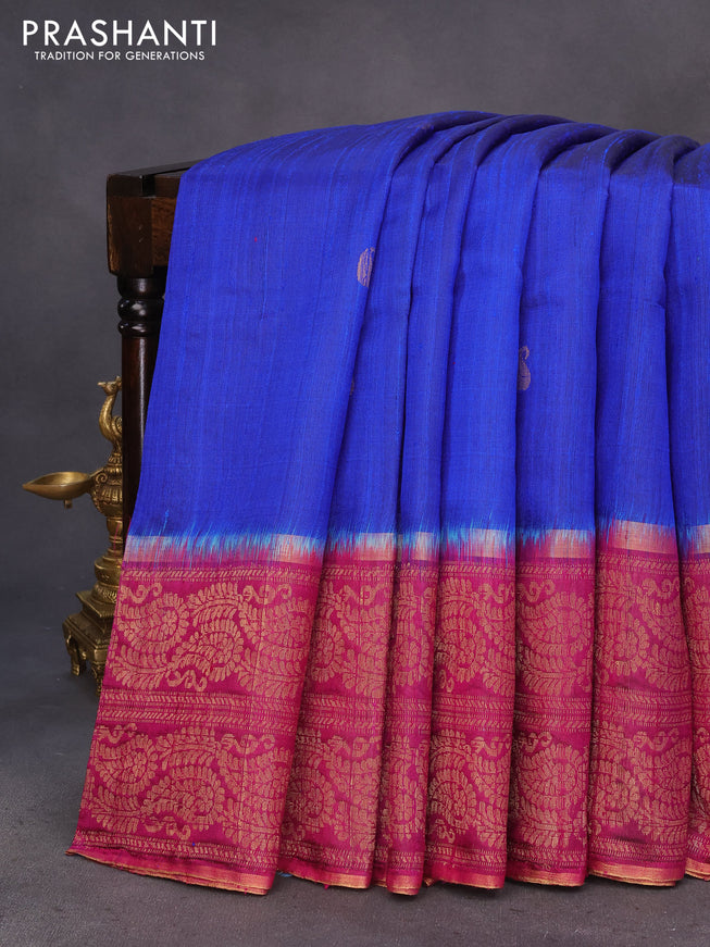 Pure dupion silk saree royal blue and magenta pink with paisley zari woven buttas and long zari woven border