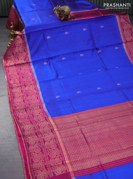 Pure dupion silk saree royal blue and magenta pink with paisley zari woven buttas and long zari woven border