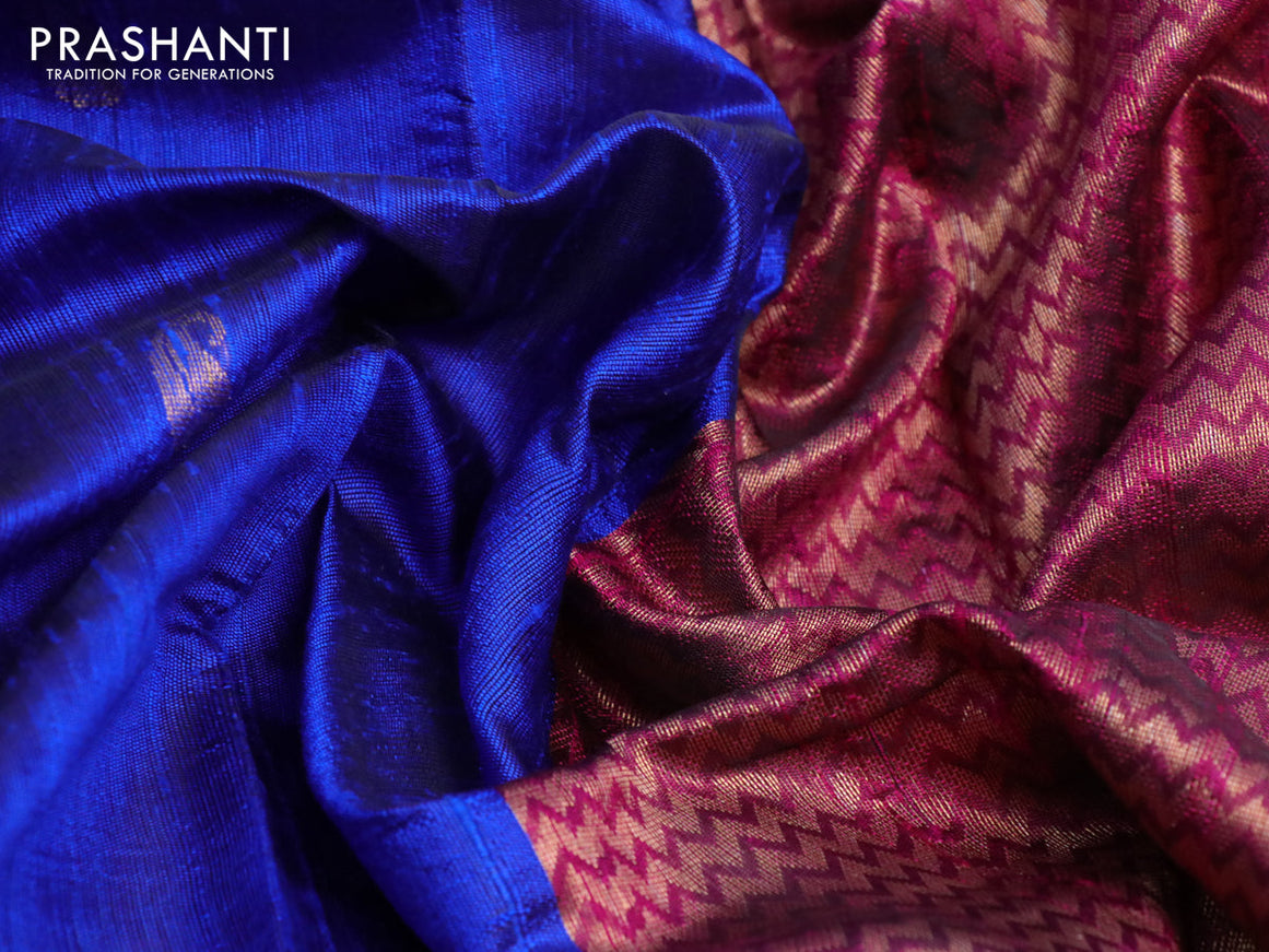 Pure dupion silk saree royal blue and magenta pink with paisley zari woven buttas and long zari woven border