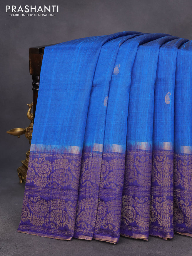 Pure dupion silk saree cs blue and navy blue with paisley zari woven buttas and zari woven border