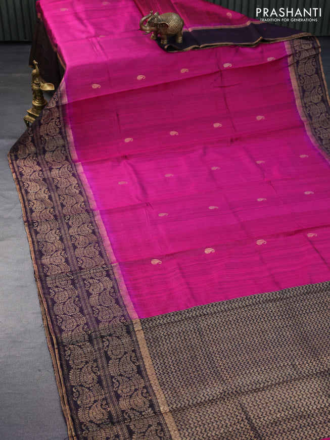 Pure dupion silk saree pink and coffee brown with paisley zari woven buttas and long zari woven border