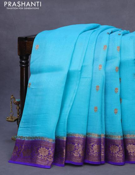 Banarasi organza silk saree teal blue and blue with thread & zari woven buttas and banarasi style border