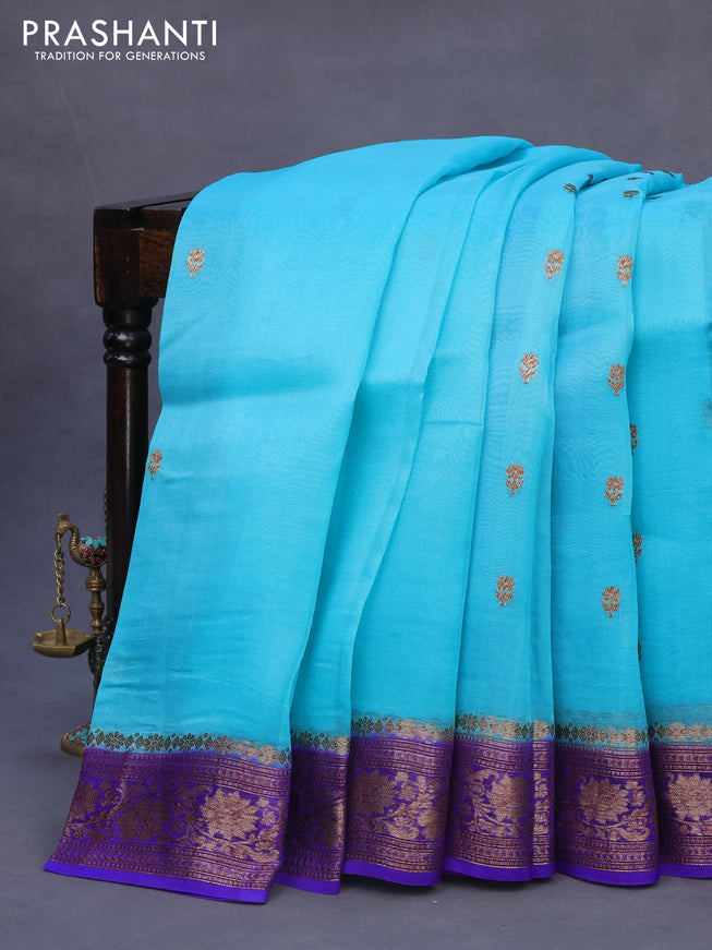 Banarasi organza silk saree teal blue and blue with thread & zari woven buttas and banarasi style border