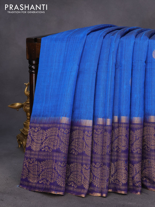 Pure dupion silk saree cs blue and navy blue with paisley zari woven buttas and long zari woven border