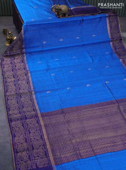 Pure dupion silk saree cs blue and navy blue with paisley zari woven buttas and long zari woven border