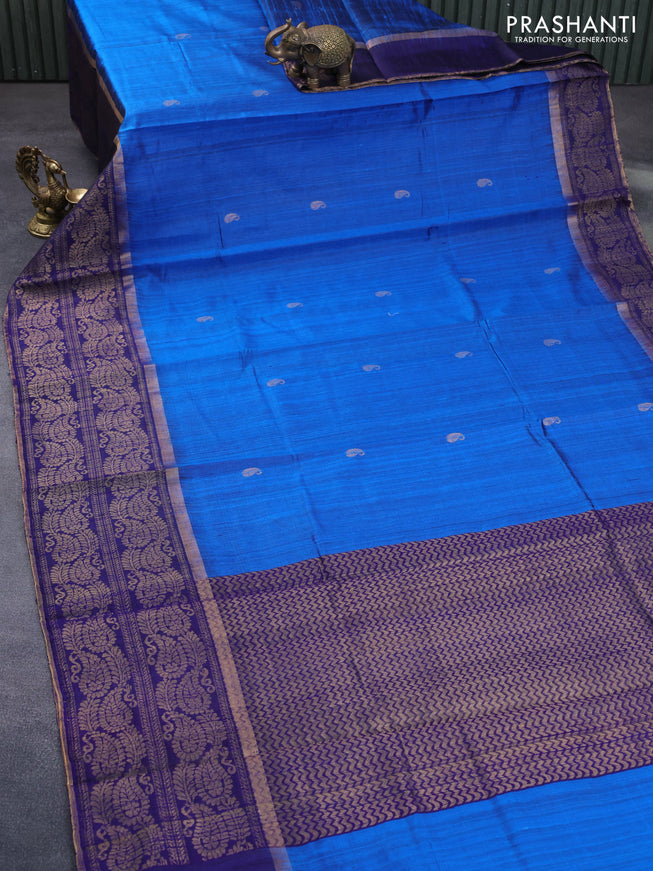 Pure dupion silk saree cs blue and navy blue with paisley zari woven buttas and long zari woven border