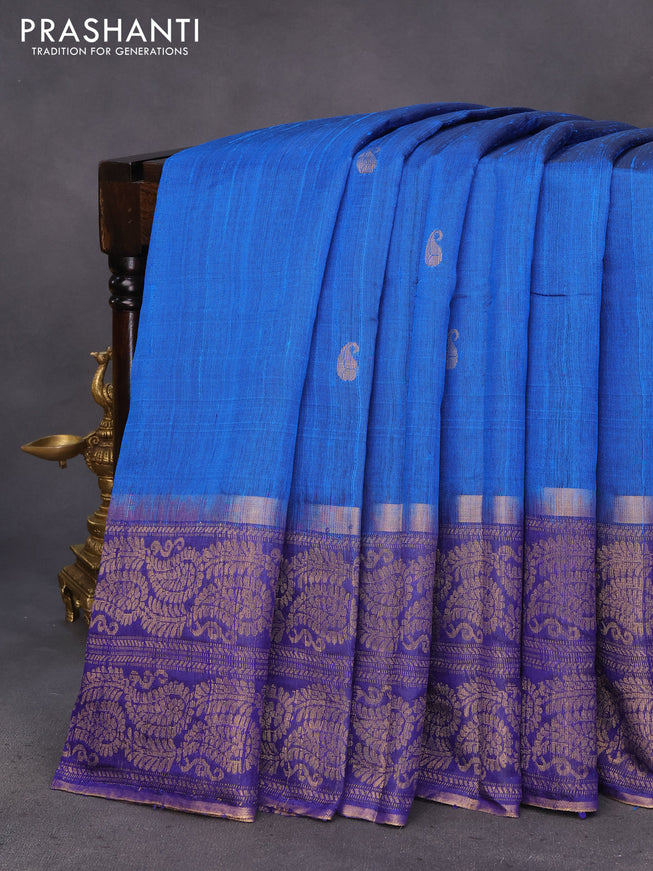 Pure dupion silk saree cs blue and blue with paisley zari woven buttas and long zari woven border