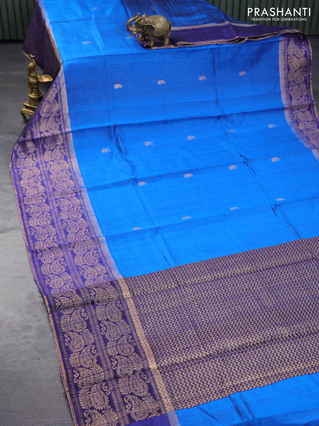 Pure dupion silk saree cs blue and blue with paisley zari woven buttas and long zari woven border