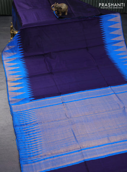 Pure dupion silk saree dark navy blue and cs blue with plain body and temple design zari woven border