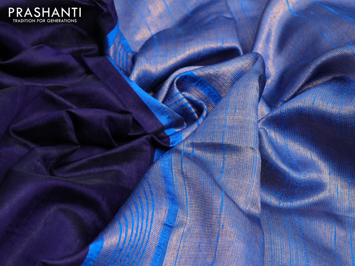 Pure dupion silk saree dark navy blue and cs blue with plain body and temple design zari woven border