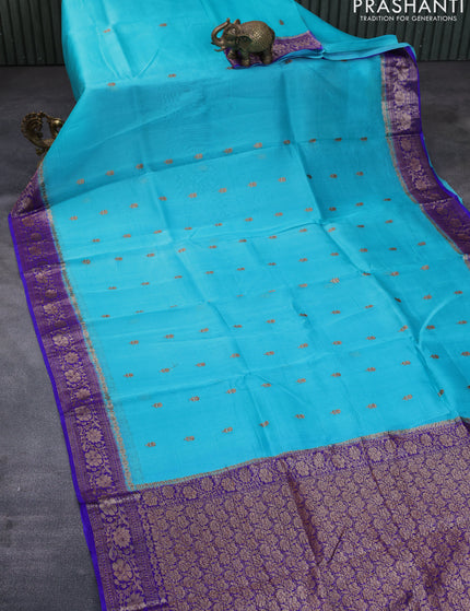 Banarasi organza silk saree teal blue and blue with thread & zari woven buttas and banarasi style border