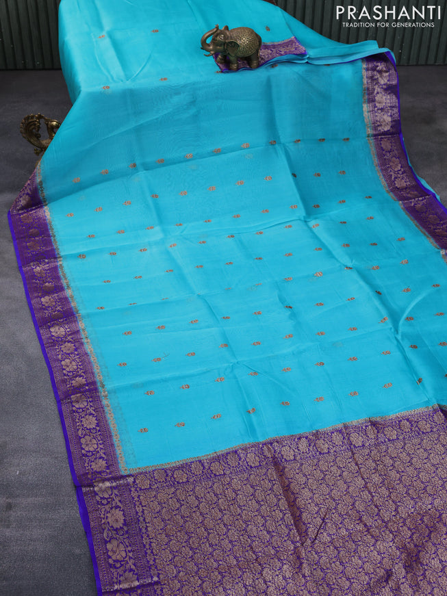 Banarasi organza silk saree teal blue and blue with thread & zari woven buttas and banarasi style border