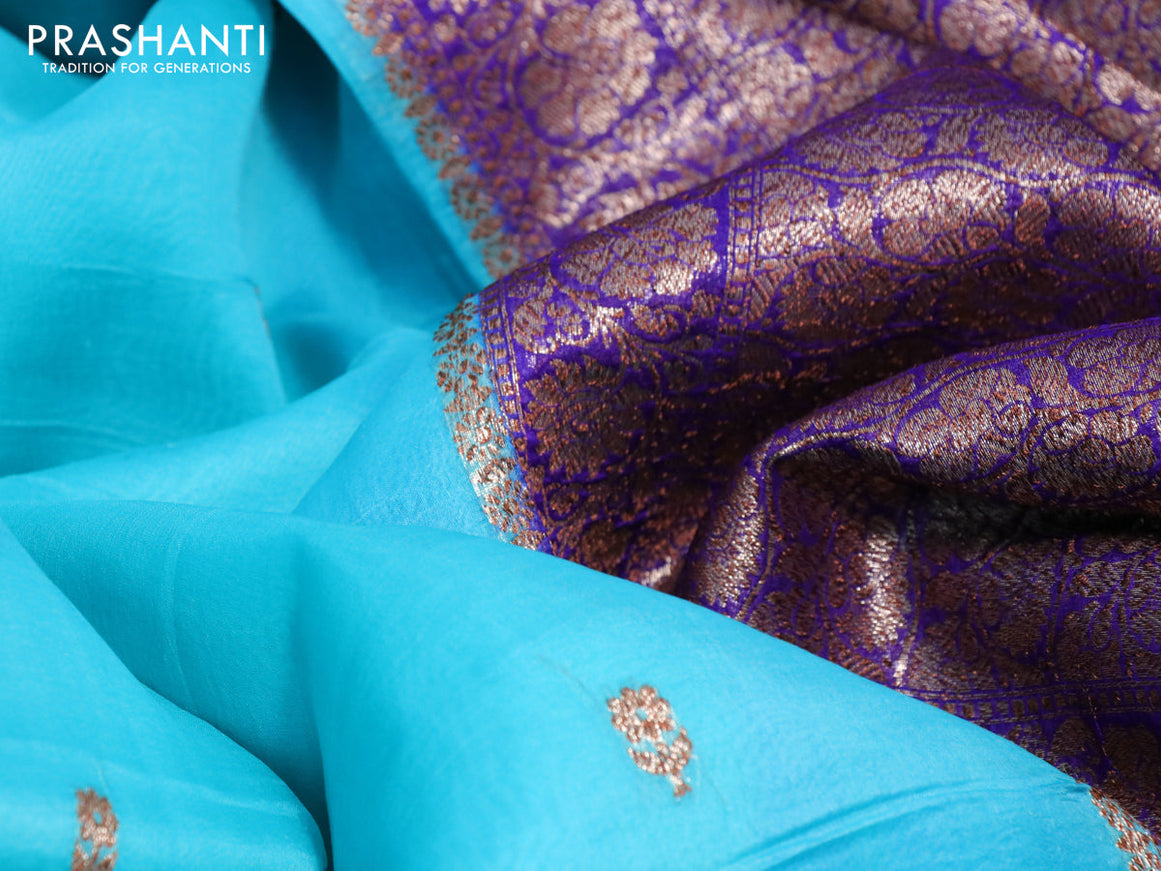 Banarasi organza silk saree teal blue and blue with thread & zari woven buttas and banarasi style border