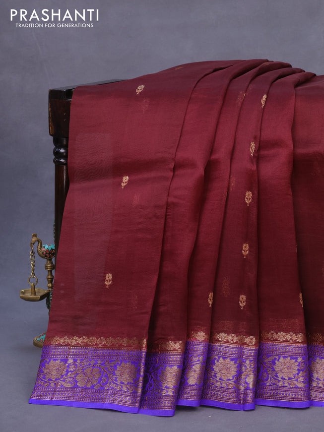 Banarasi organza silk saree coffee brown and blue with thread & zari woven buttas and banarasi style border