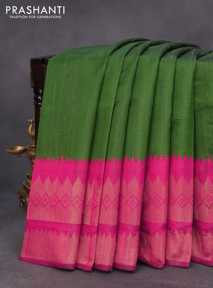 Pure dupion silk saree sap green and dark pink with plain body and temple design long zari woven border