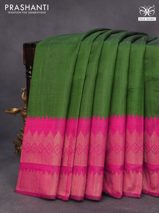 Pure dupion silk saree sap green and dark pink with plain body and temple design long zari woven border