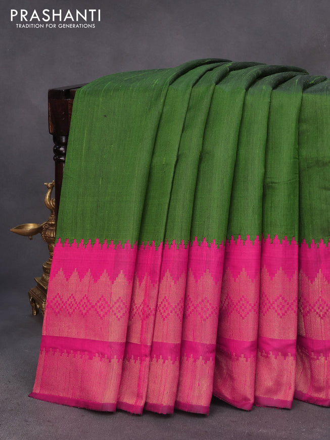 Pure dupion silk saree sap green and dark pink with plain body and temple design long zari woven border