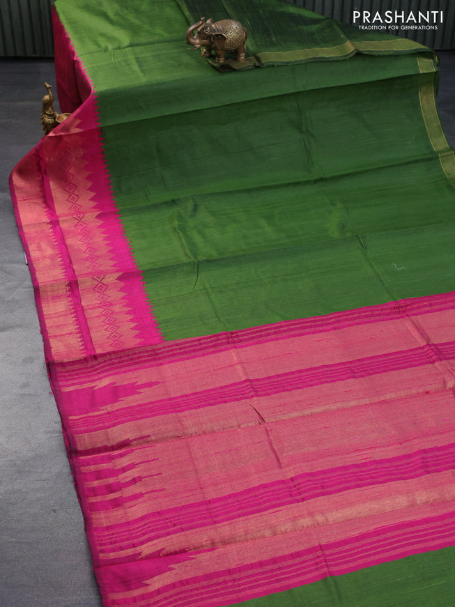 Pure dupion silk saree sap green and dark pink with plain body and temple design long zari woven border