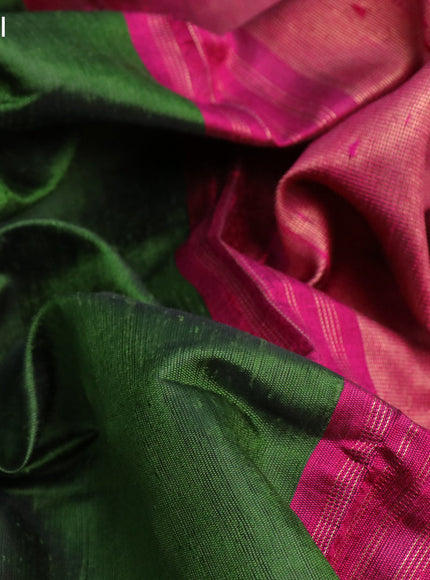 Pure dupion silk saree sap green and dark pink with plain body and temple design long zari woven border