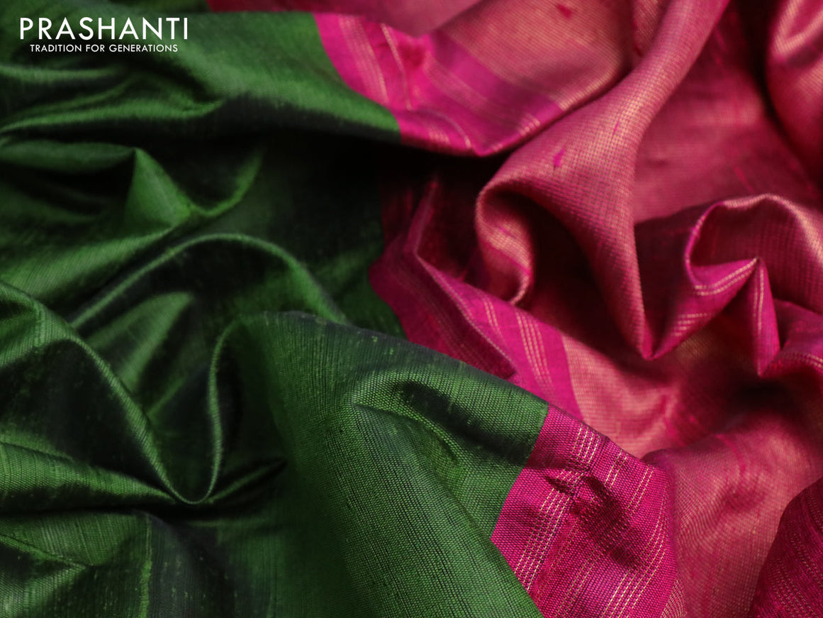 Pure dupion silk saree sap green and dark pink with plain body and temple design long zari woven border