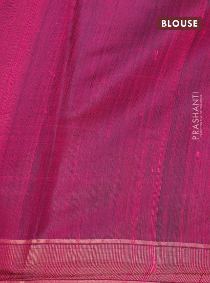 Pure dupion silk saree sap green and dark pink with plain body and temple design long zari woven border