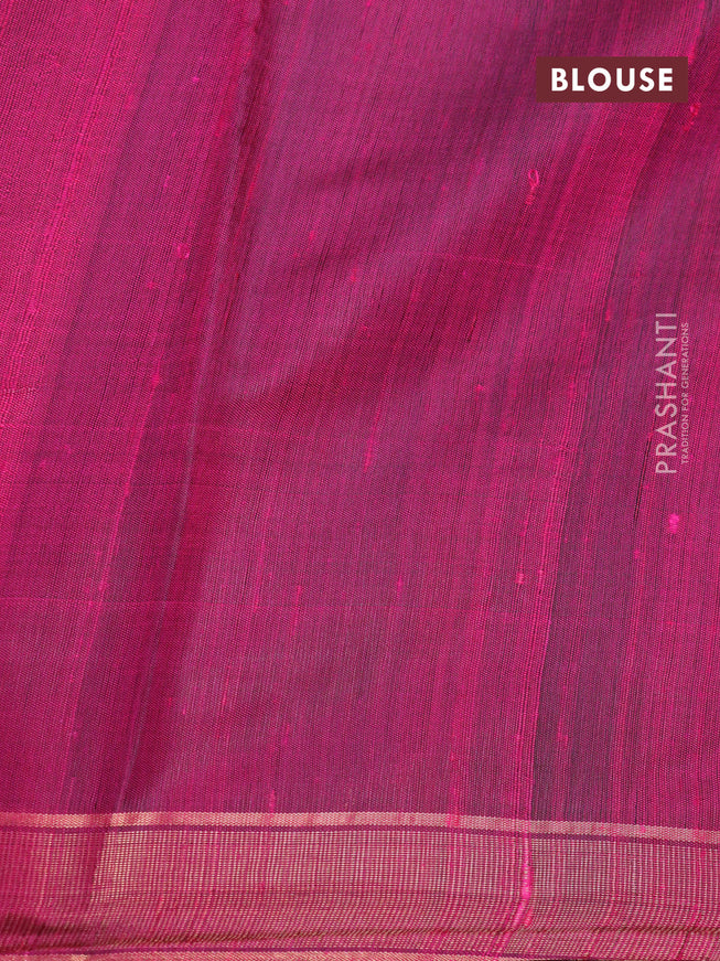 Pure dupion silk saree sap green and dark pink with plain body and temple design long zari woven border