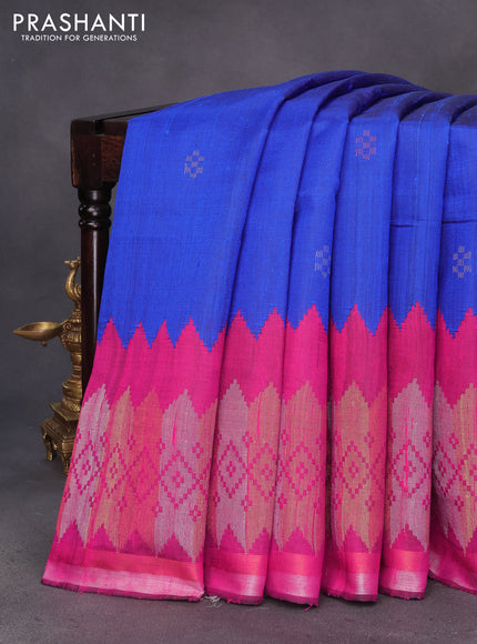 Pure dupion silk saree royal blue and dark pink with plain body and temple design long zari woven border